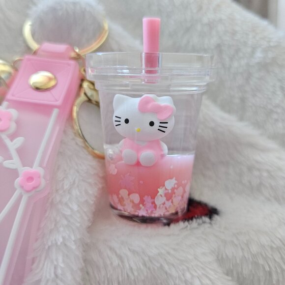 New Hello Kitty Pink Milk Tea Liquid Oil Keychain Bag Charm - Picture 2 of 5